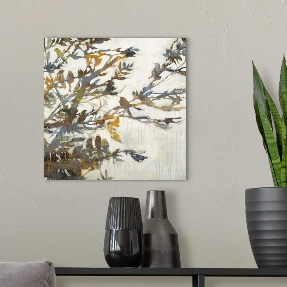 A modern room featuring Contemporary painting of a colorful silhouette of a tree branch with birds perched all over it.