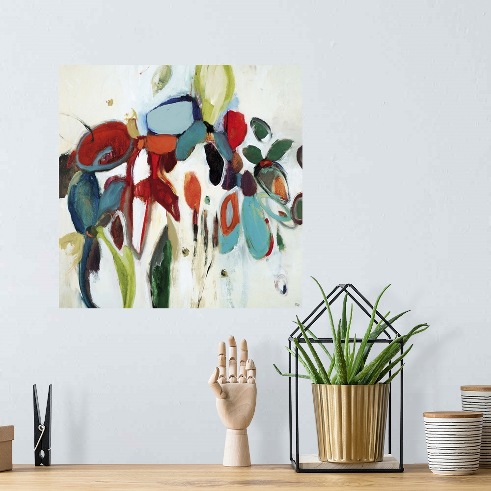 A bohemian room featuring Abstract painting of organic shapes in multiple and vivid colors arranged like a bouquet of flowers.