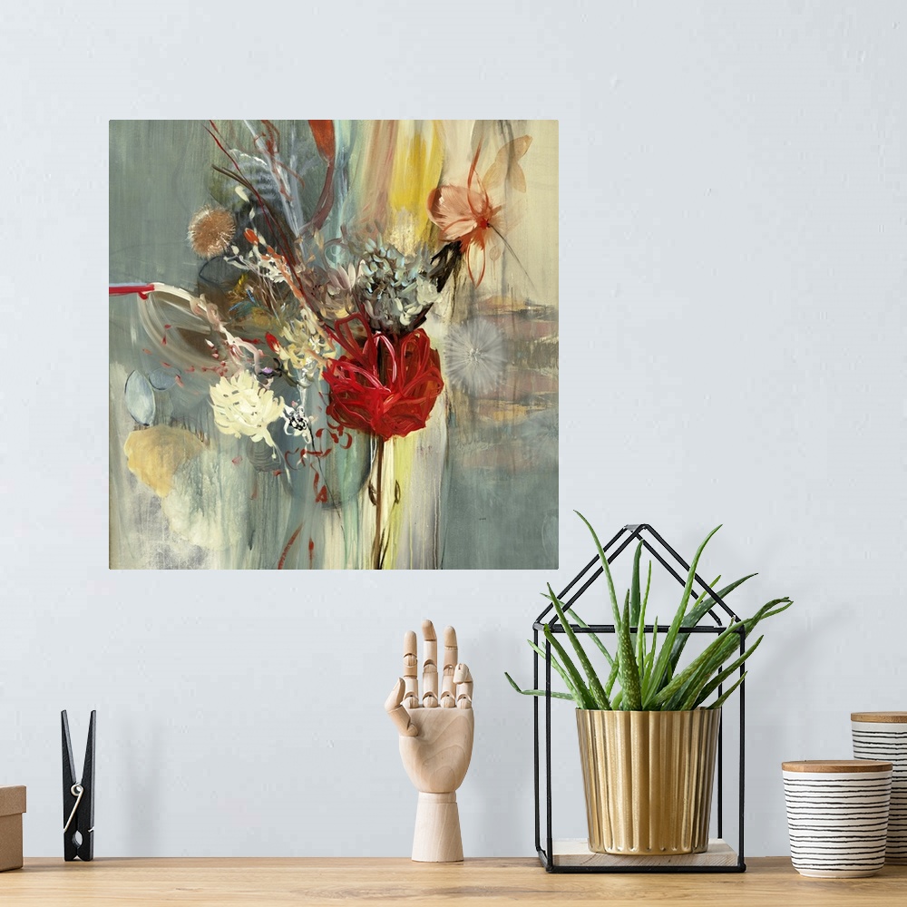 A bohemian room featuring Contemporary abstract floral painting of an arrangement of different flowers.