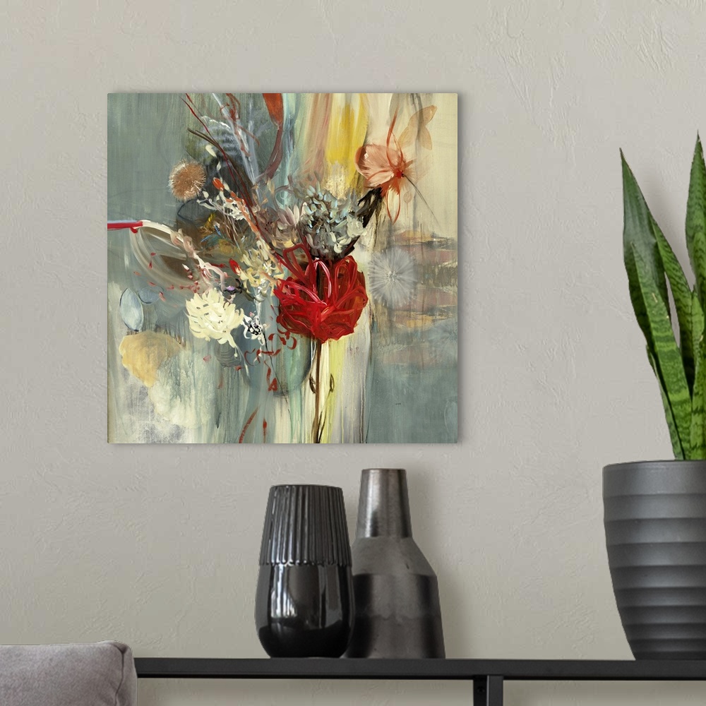 A modern room featuring Contemporary abstract floral painting of an arrangement of different flowers.