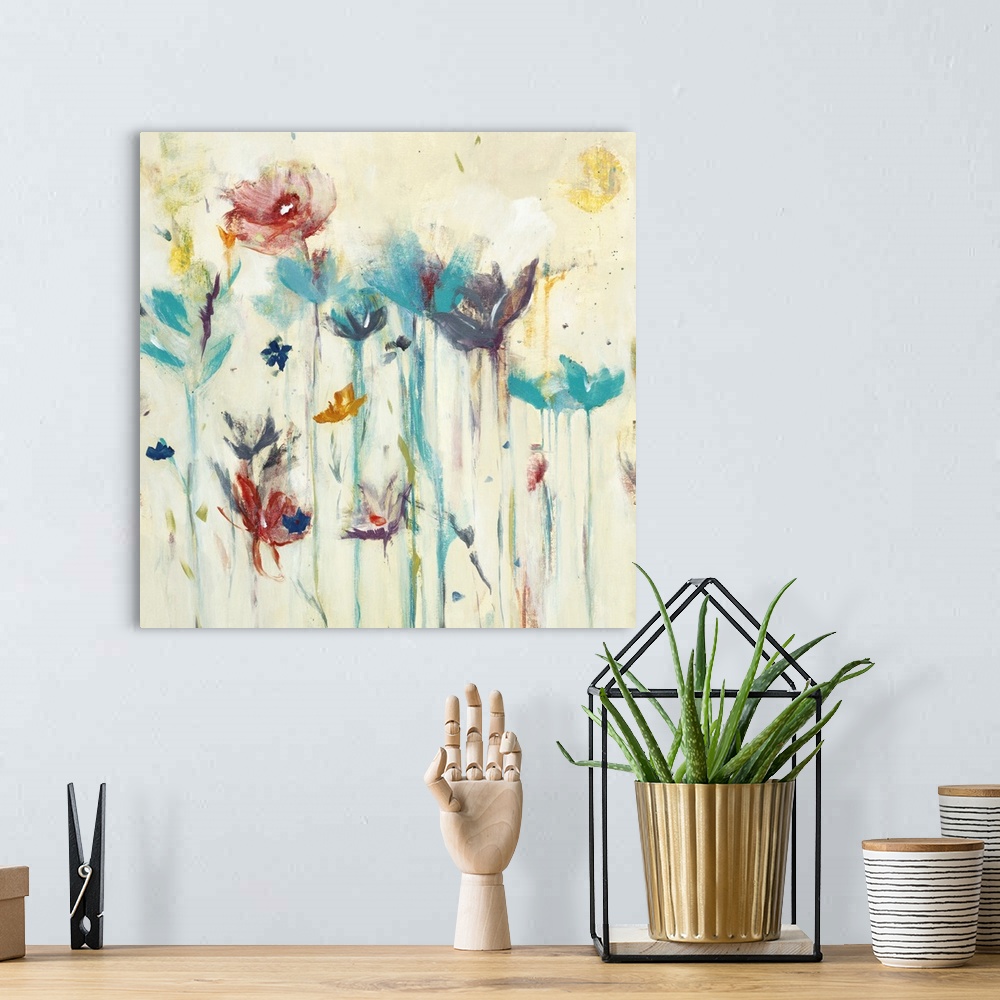 A bohemian room featuring Square contemporary painting of a group of colorful flowers with long stems on a neutral background.
