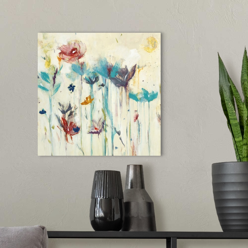 A modern room featuring Square contemporary painting of a group of colorful flowers with long stems on a neutral background.