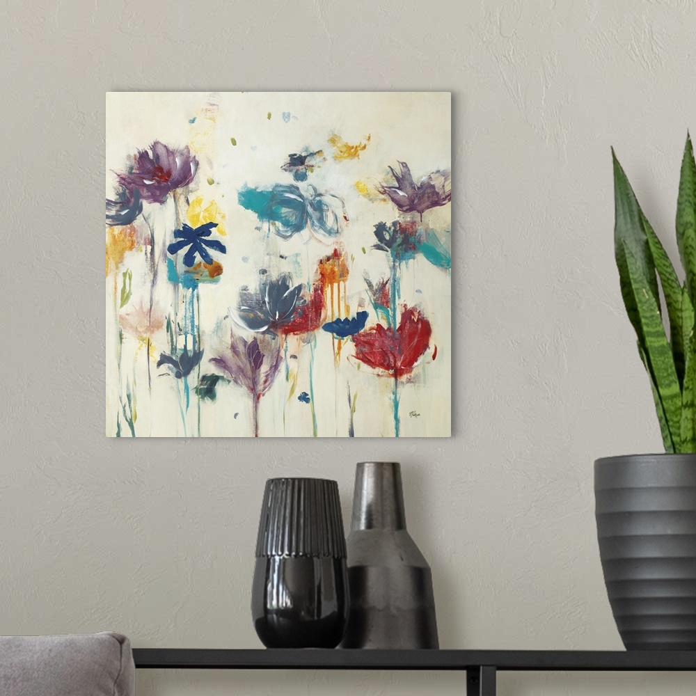 A modern room featuring Square contemporary painting of a group of colorful flowers with long stems on a neutral background.