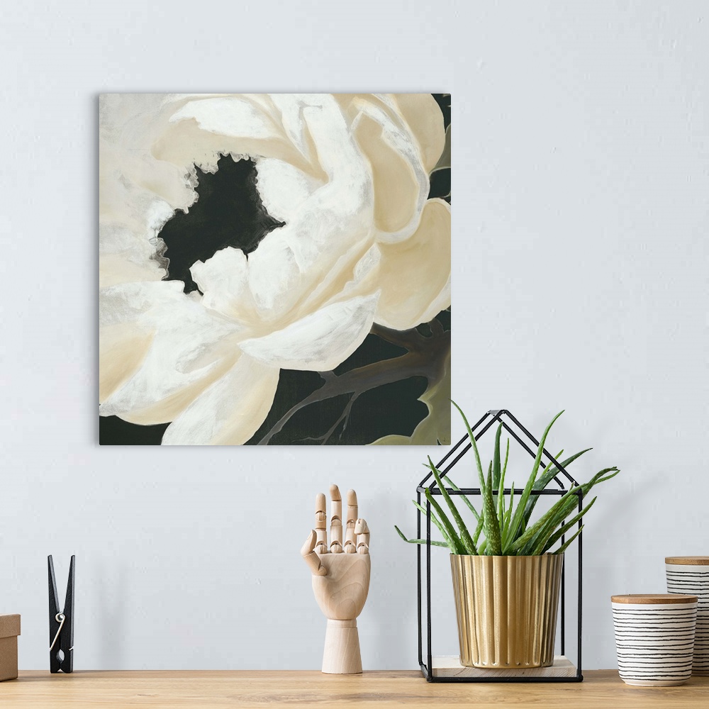 A bohemian room featuring Contemporary painting of a white silken flower close-up in view.