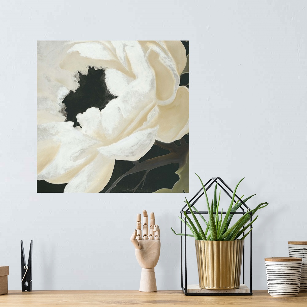 A bohemian room featuring Contemporary painting of a white silken flower close-up in view.