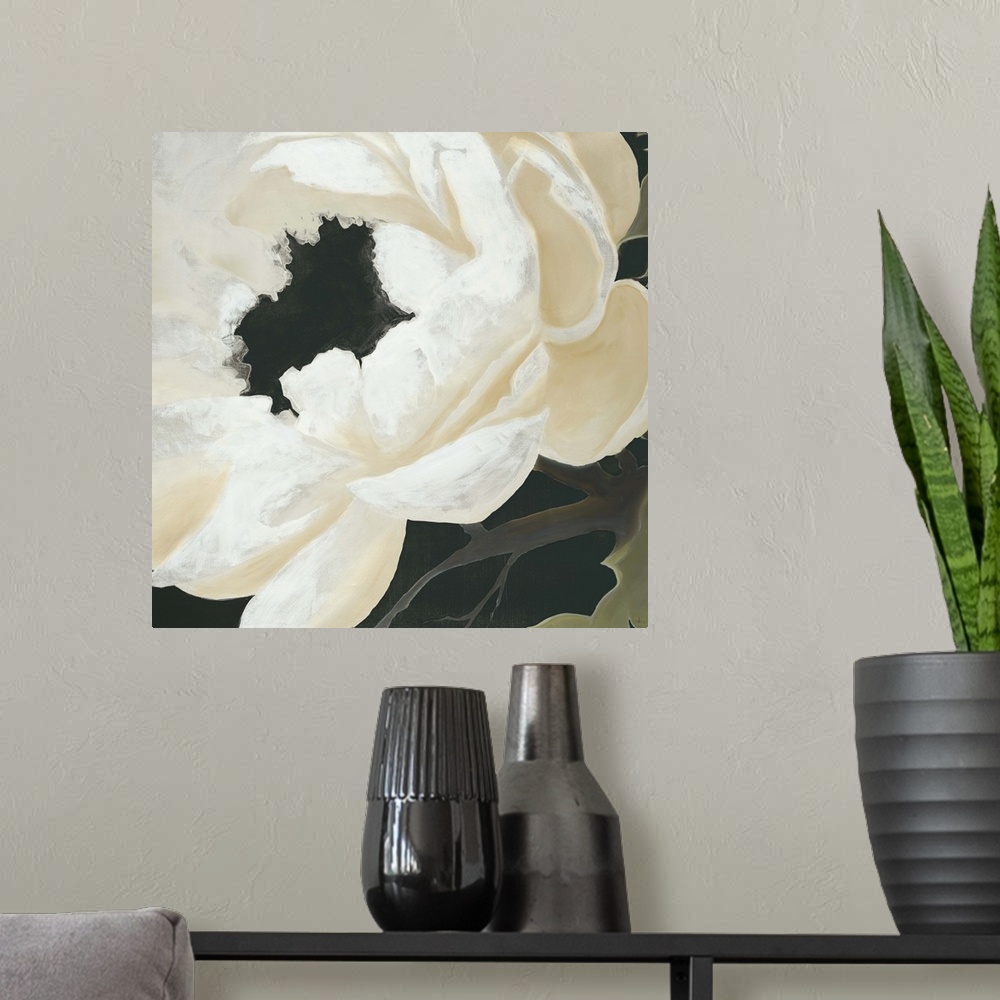 A modern room featuring Contemporary painting of a white silken flower close-up in view.