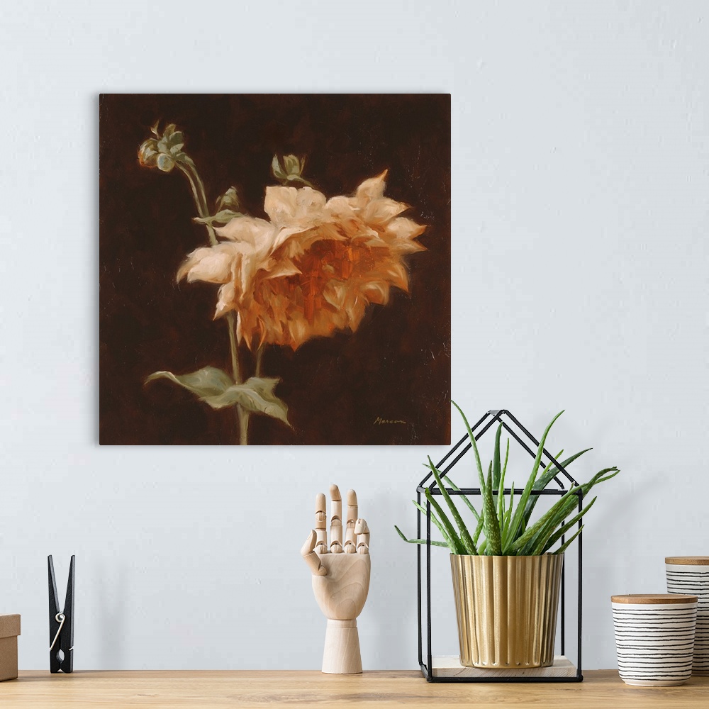A bohemian room featuring A square contemporary painting of a large chrysanthemum bloom in shades of orange.