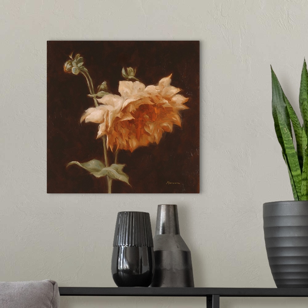 A modern room featuring A square contemporary painting of a large chrysanthemum bloom in shades of orange.