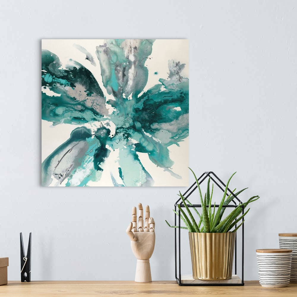A bohemian room featuring Square abstract artwork with gray and teal hues marbling together in the shape of a flower on a w...