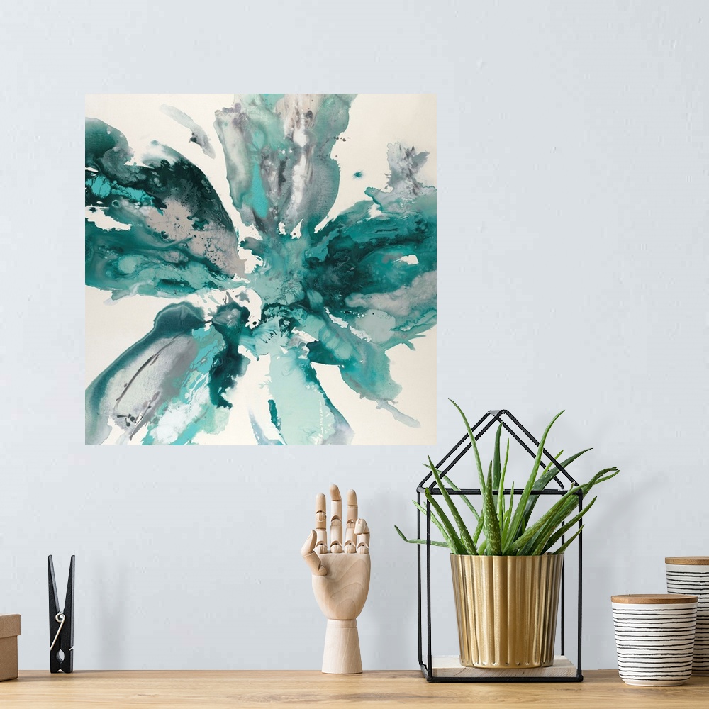 A bohemian room featuring Square abstract artwork with gray and teal hues marbling together in the shape of a flower on a w...