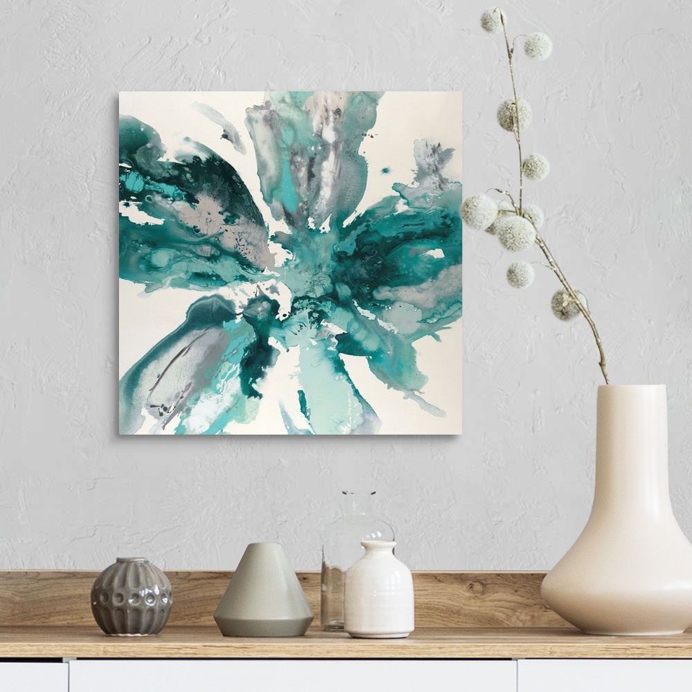 A farmhouse room featuring Square abstract artwork with gray and teal hues marbling together in the shape of a flower on a w...