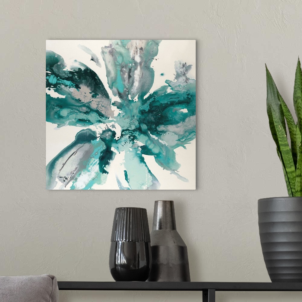 A modern room featuring Square abstract artwork with gray and teal hues marbling together in the shape of a flower on a w...
