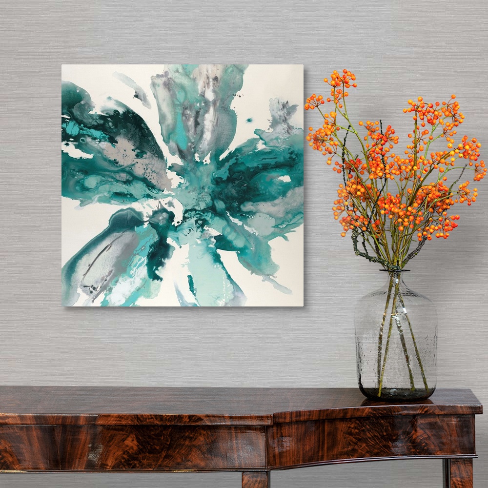 A traditional room featuring Square abstract artwork with gray and teal hues marbling together in the shape of a flower on a w...