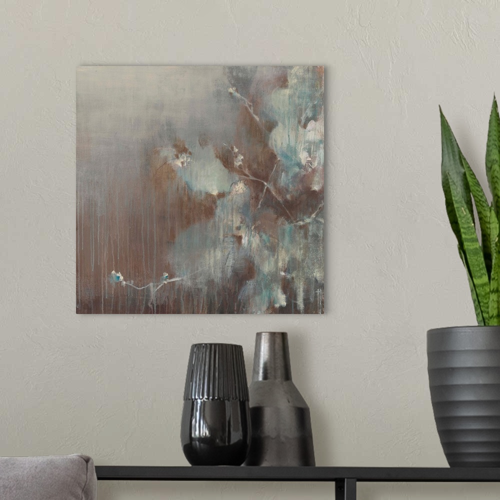 A modern room featuring Contemporary abstract painting using pale muted blue tones dripping against a deep brown background.