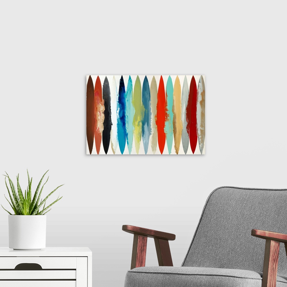 A modern room featuring Large abstract painting with different colored oblong shapes lined up together going across the c...
