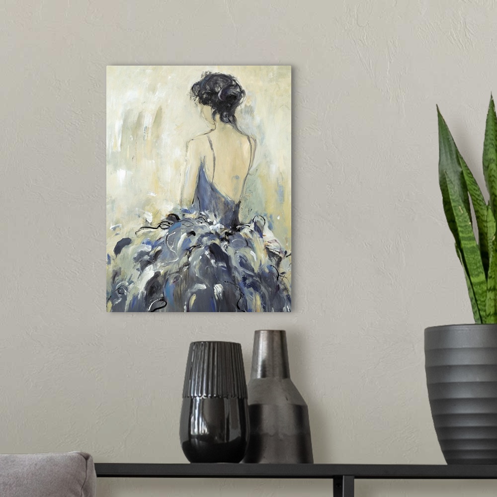 A modern room featuring Contemporary painting of a woman with back turned to viewer wearing an elegant dress.