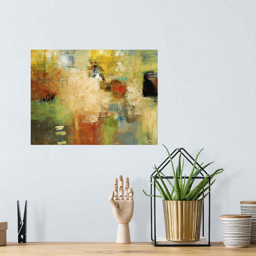 A bohemian room featuring A horizontal abstract painting with a whimsical composition. This wall art is made by a variety o...
