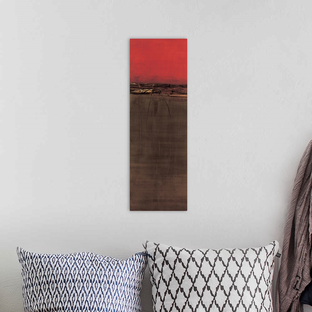 A bohemian room featuring Contemporary abstract painting using deep red and dark brown to create a color field.
