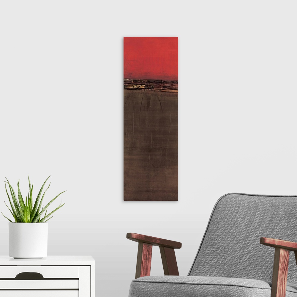 A modern room featuring Contemporary abstract painting using deep red and dark brown to create a color field.