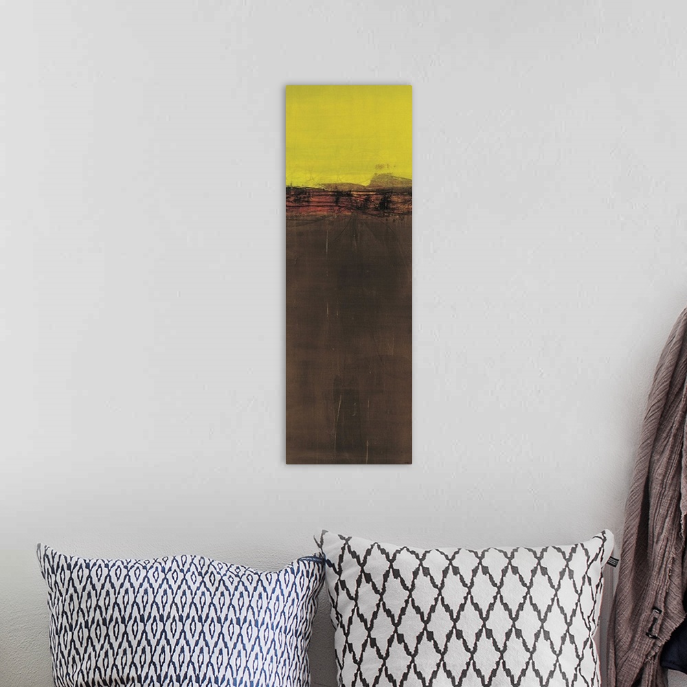 A bohemian room featuring Contemporary abstract painting using olive green and dark brown to create a color field.