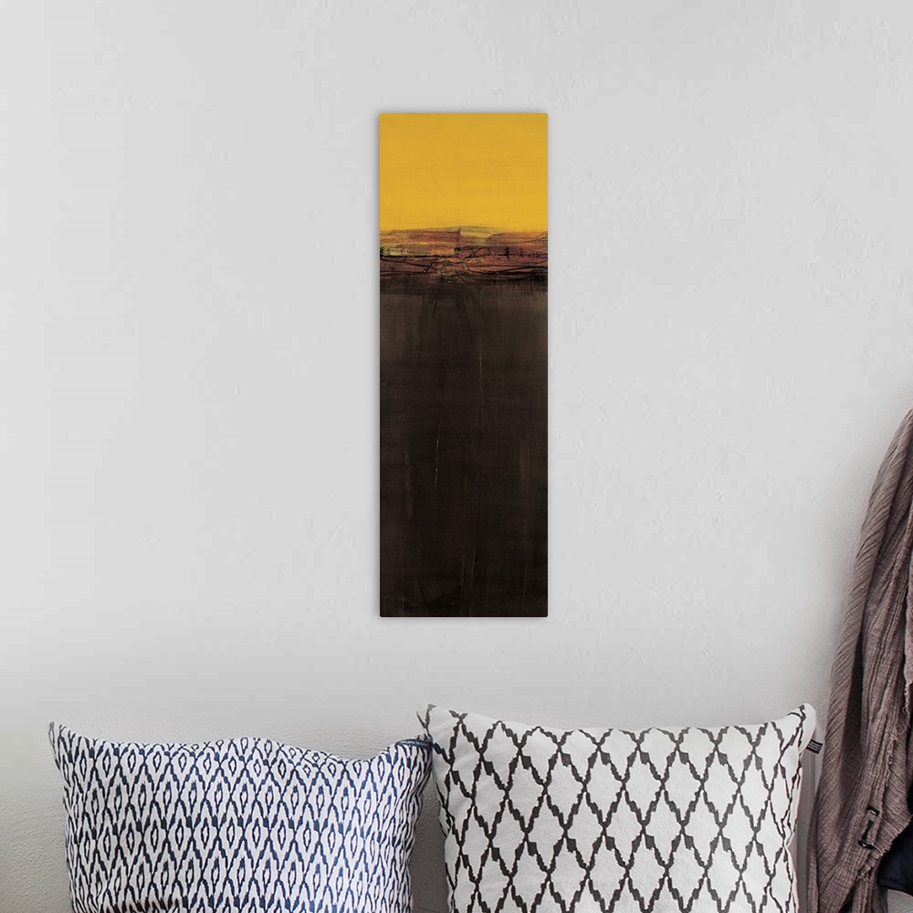 A bohemian room featuring Contemporary abstract painting using golden yellow and dark brown to create a color field.