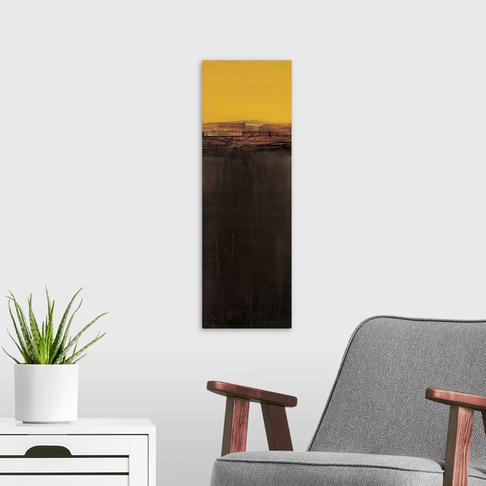 A modern room featuring Contemporary abstract painting using golden yellow and dark brown to create a color field.