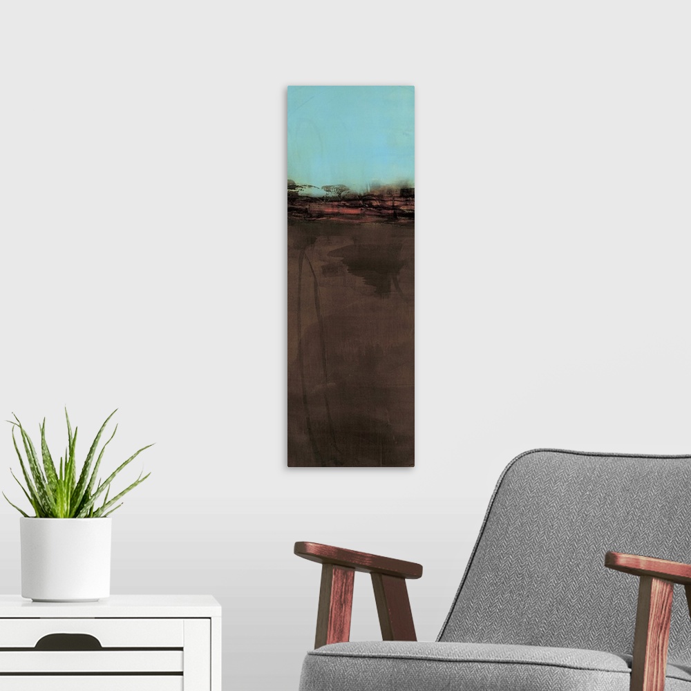 A modern room featuring Contemporary abstract painting using teal and dark brown to create a color field.