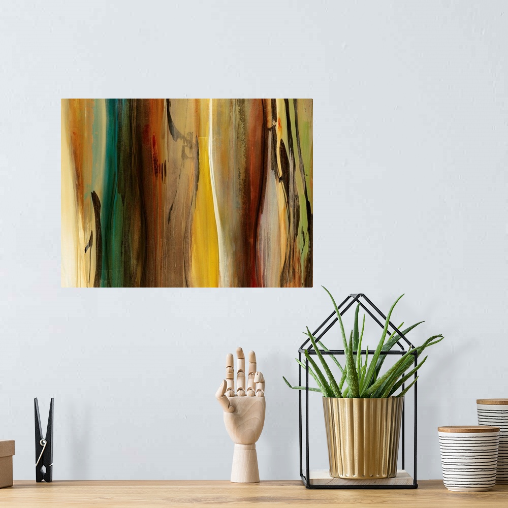 A bohemian room featuring Warm-toned abstract painting featuring flowing areas of color and smooth brushstrokes moving down...