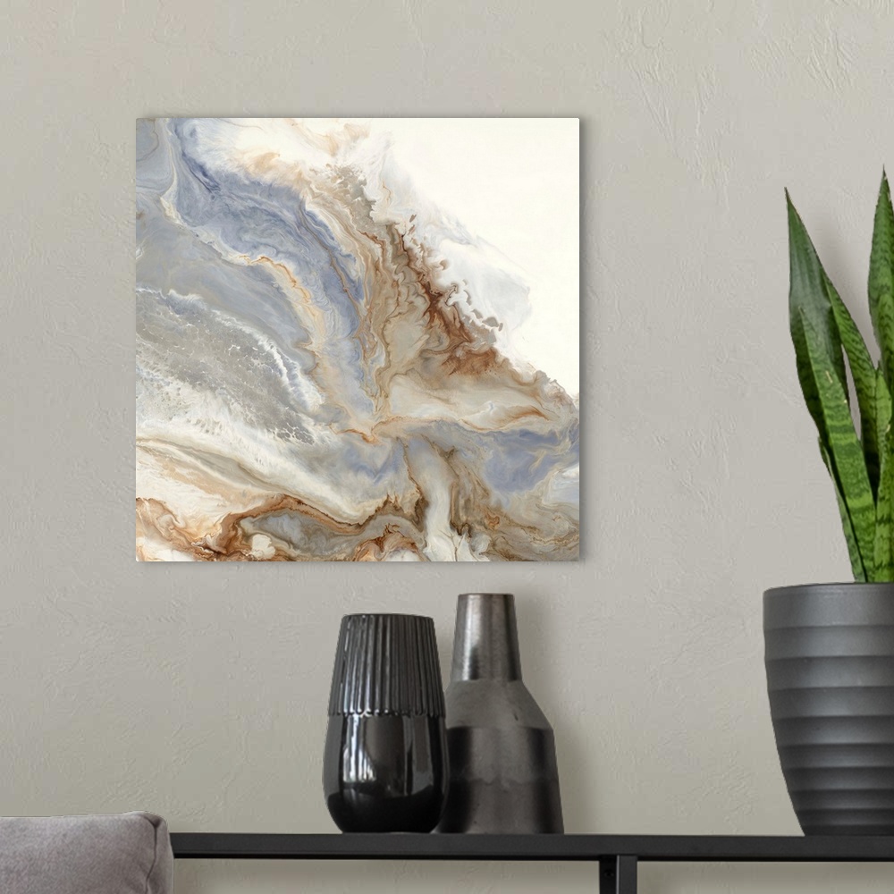 A modern room featuring Gray, silver, cream, and gold hues marbling together on a square canvas.