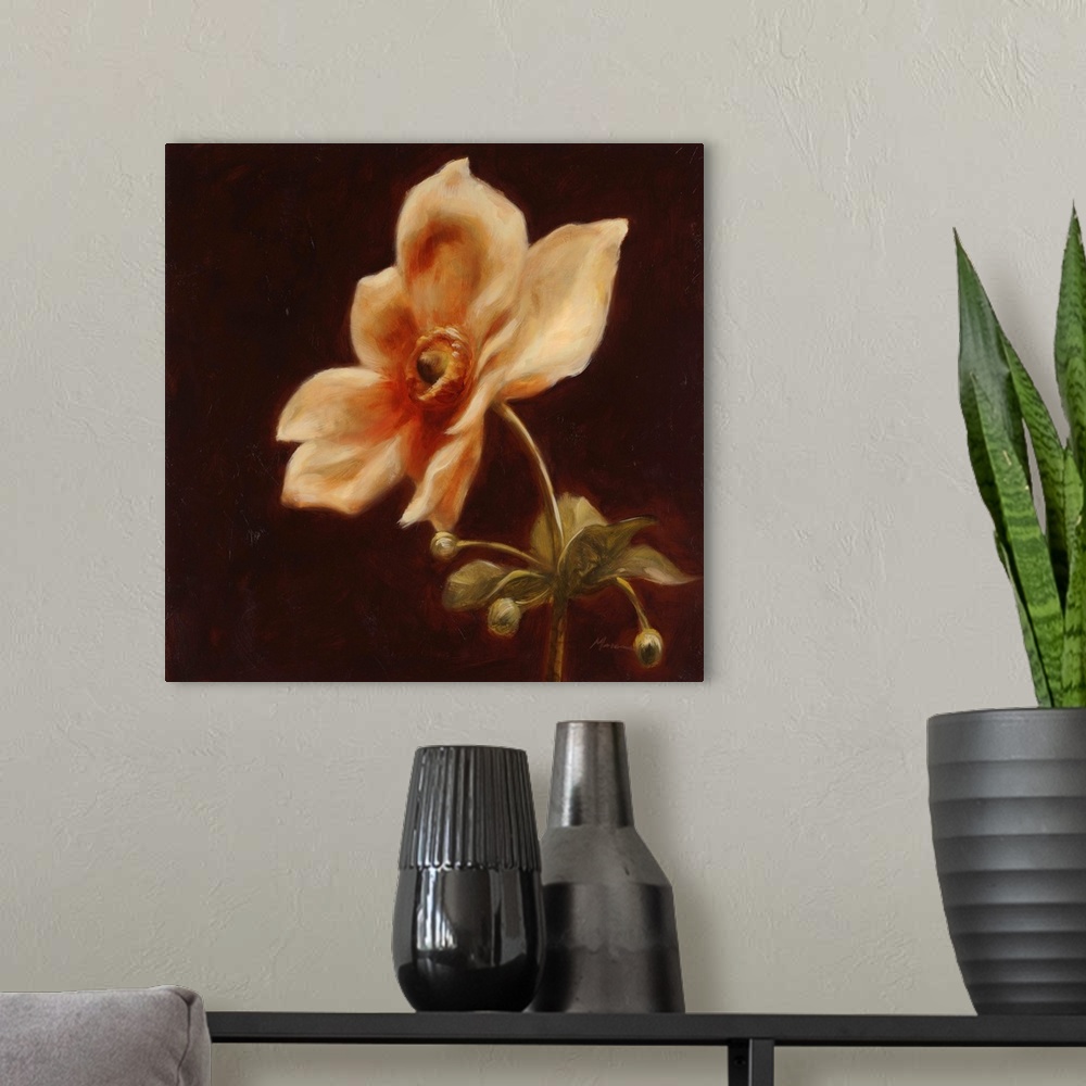 A modern room featuring A square contemporary painting of a large dahlia bloom in shades of orange.