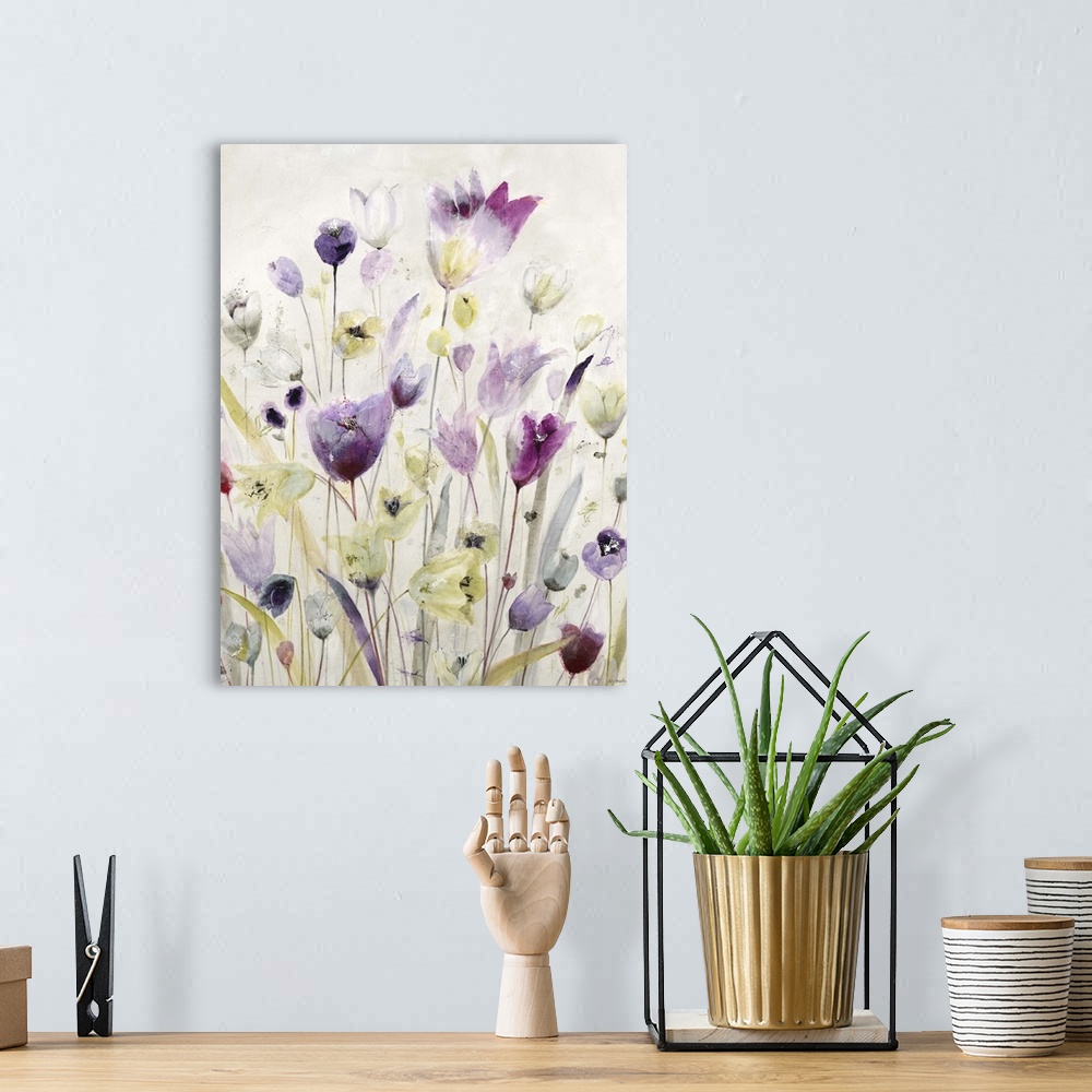 A bohemian room featuring Contemporary painting of pink and purple garden flowers.
