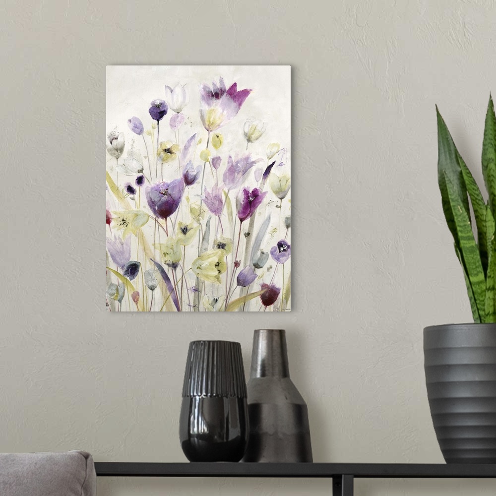 A modern room featuring Contemporary painting of pink and purple garden flowers.