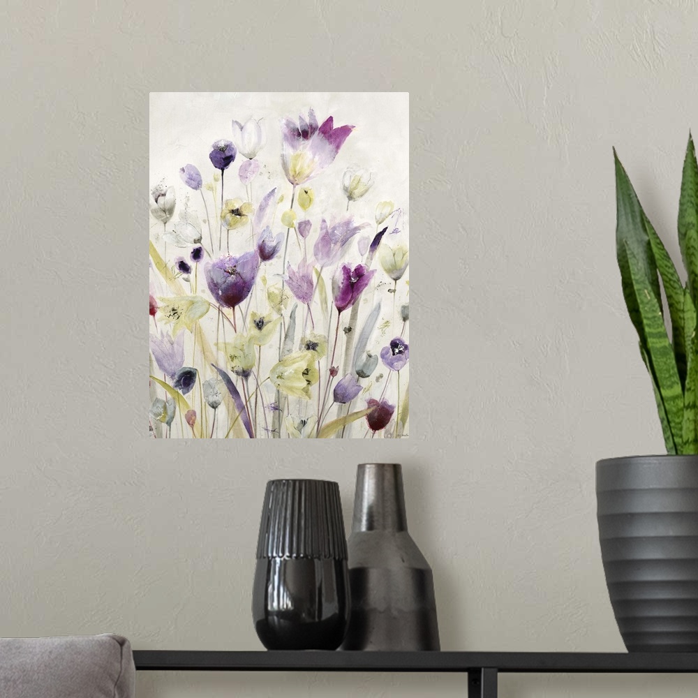 A modern room featuring Contemporary painting of pink and purple garden flowers.