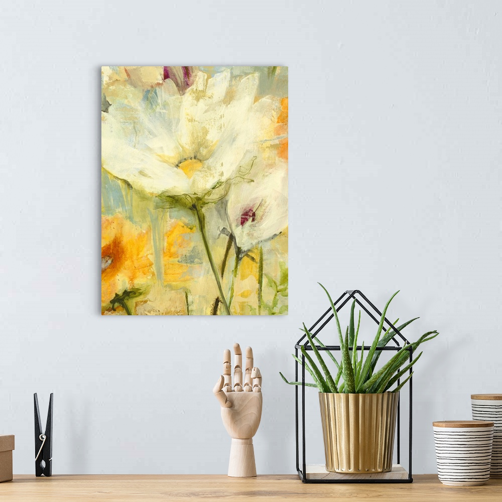 A bohemian room featuring A decorative floral painting in bright, warm yellow tones.