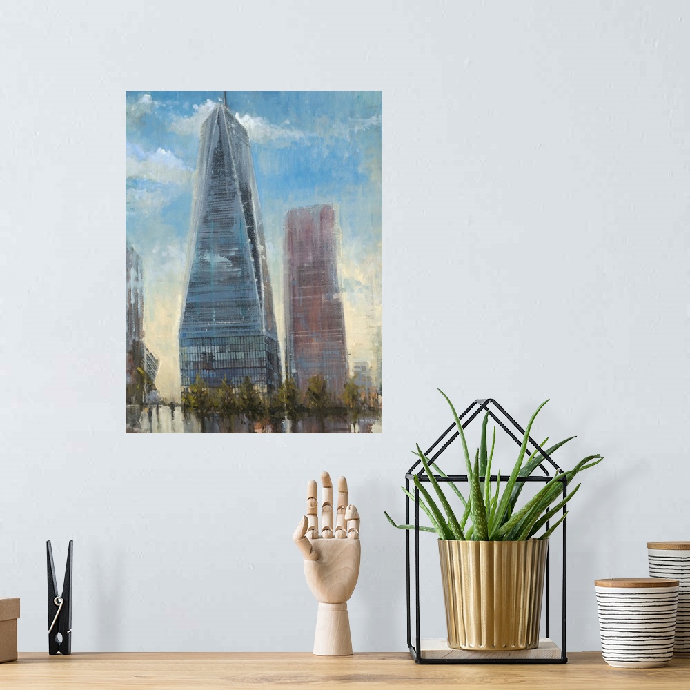A bohemian room featuring Contemporary painting of the Freedom Tower in New York City with a washed out look.