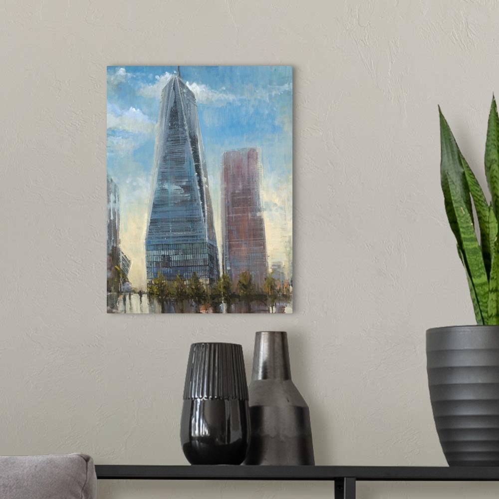 A modern room featuring Contemporary painting of the Freedom Tower in New York City with a washed out look.