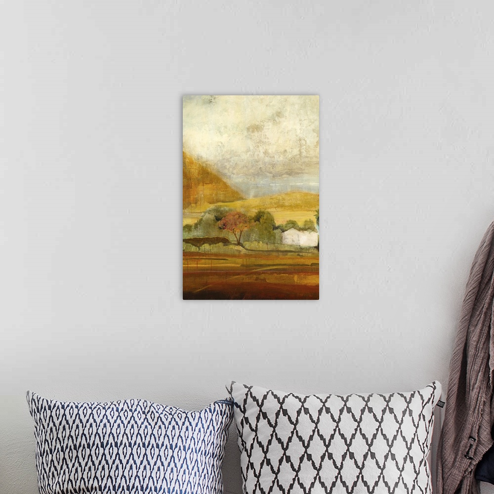 A bohemian room featuring Contemporary landscape painting looking out over French countryside.