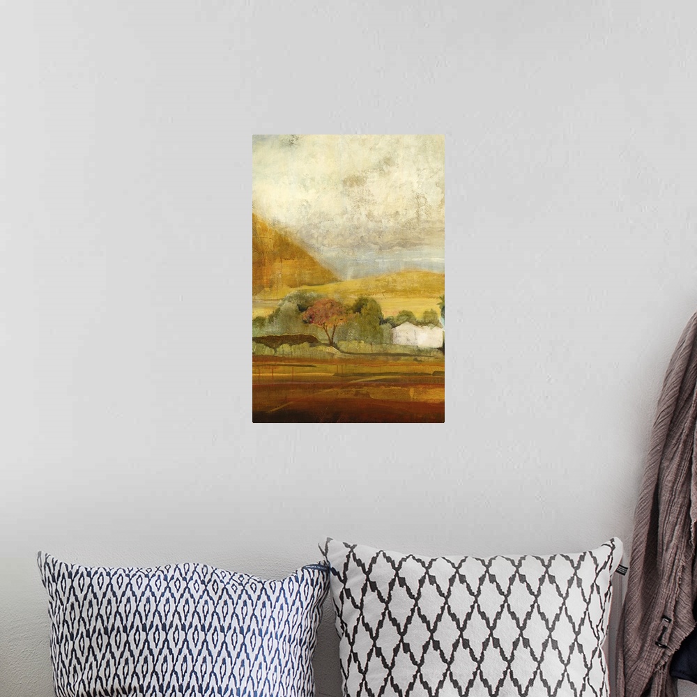 A bohemian room featuring Contemporary landscape painting looking out over French countryside.