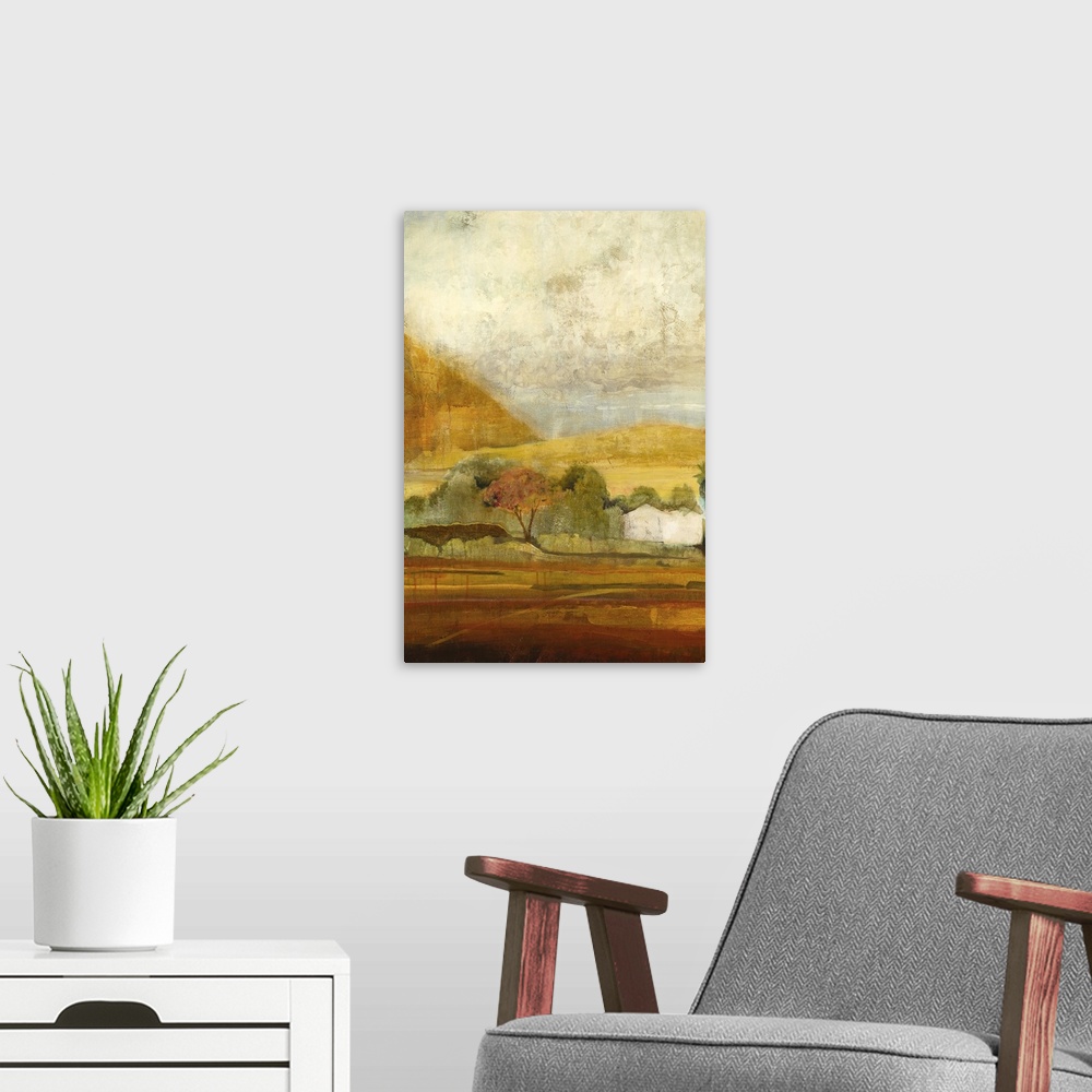 A modern room featuring Contemporary landscape painting looking out over French countryside.
