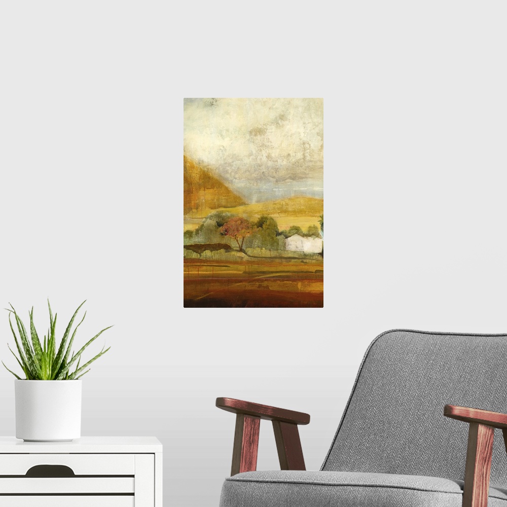 A modern room featuring Contemporary landscape painting looking out over French countryside.