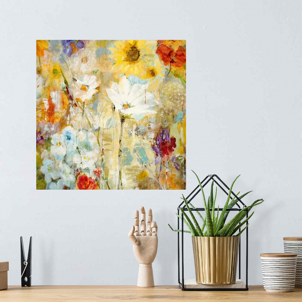 A bohemian room featuring Big contemporary floral art shows a wide assortment of flowers including sunflowers and dandelion...