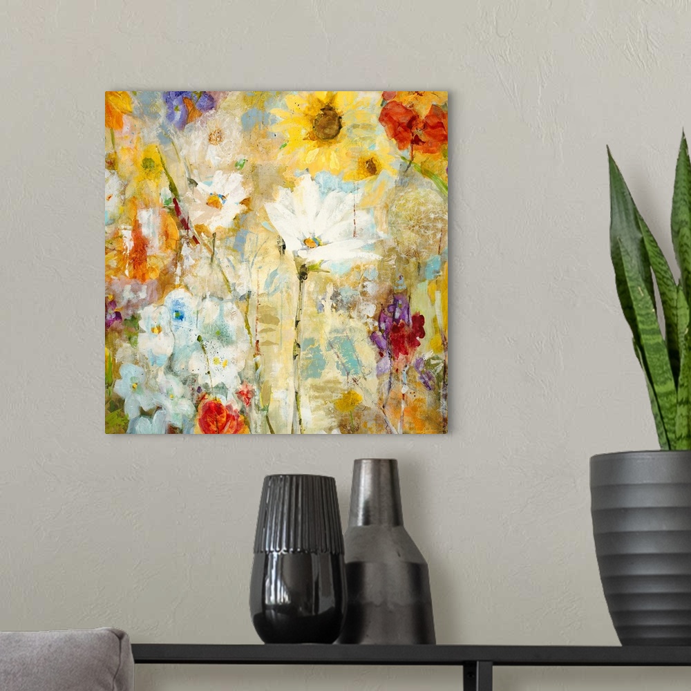 A modern room featuring Big contemporary floral art shows a wide assortment of flowers including sunflowers and dandelion...