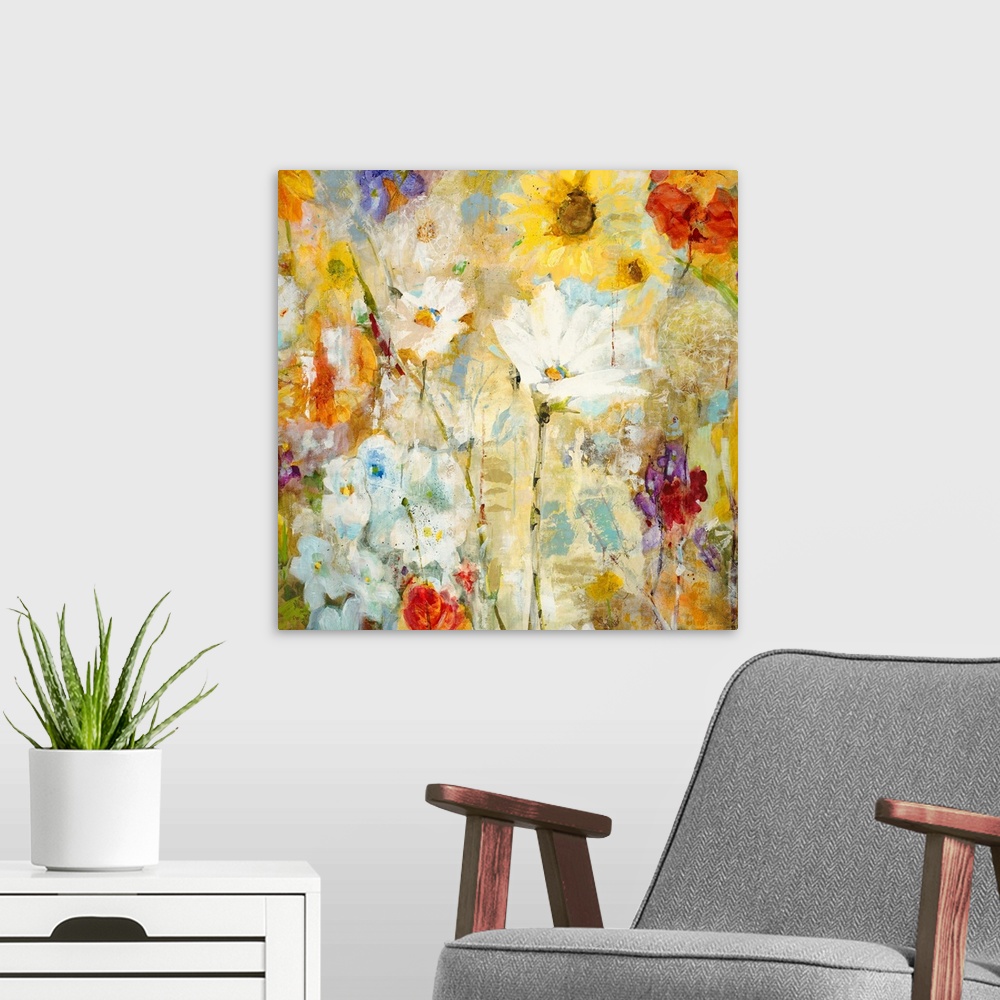 A modern room featuring Big contemporary floral art shows a wide assortment of flowers including sunflowers and dandelion...