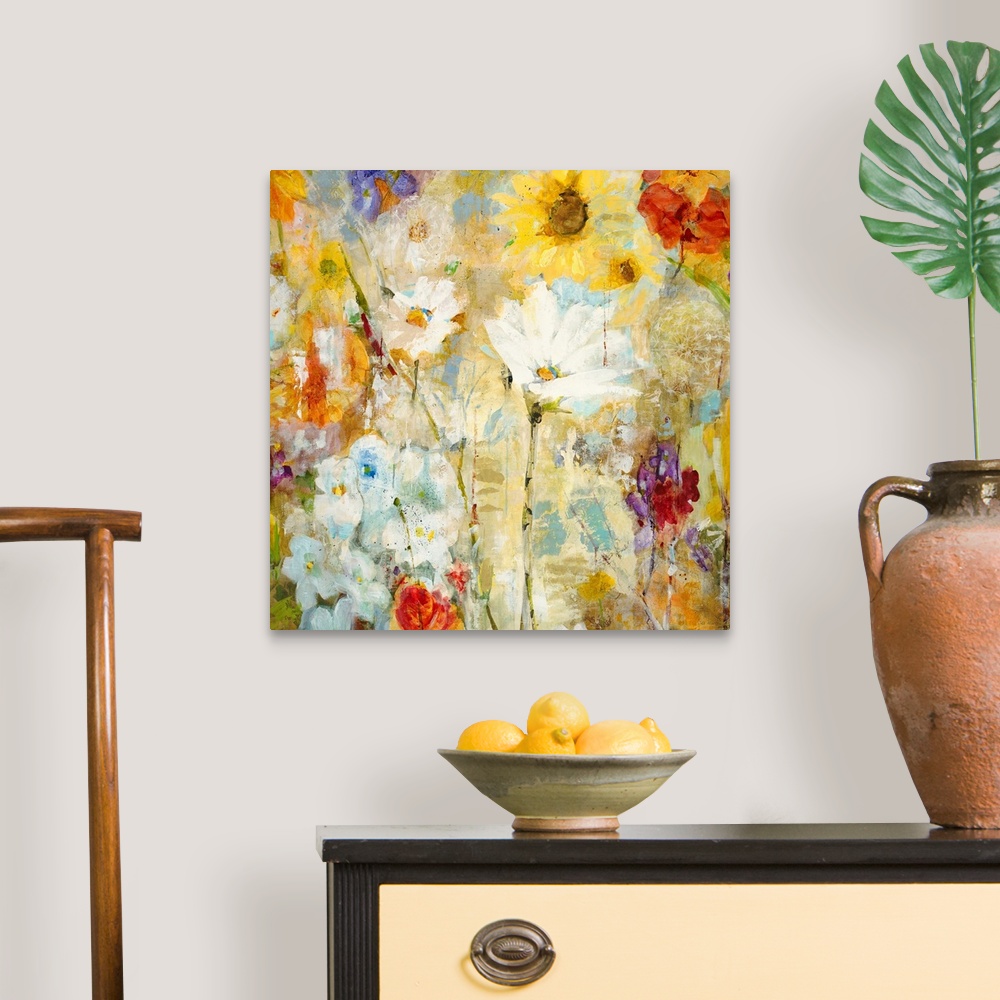A traditional room featuring Big contemporary floral art shows a wide assortment of flowers including sunflowers and dandelion...