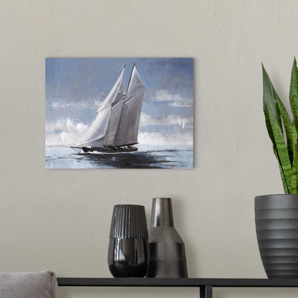 A modern room featuring Contemporary painting of a sailboat with great big white sails gliding on the surface of the water.