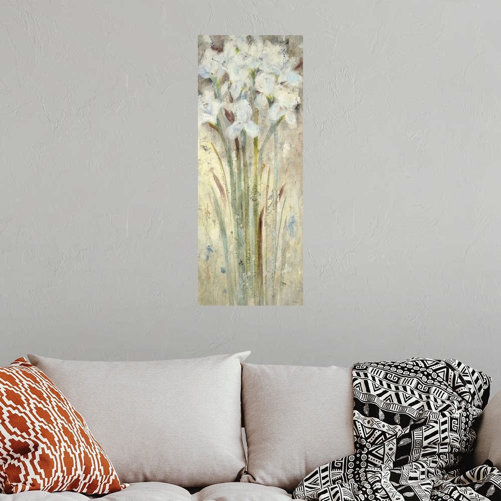 A bohemian room featuring A contemporary painting of white flowers.