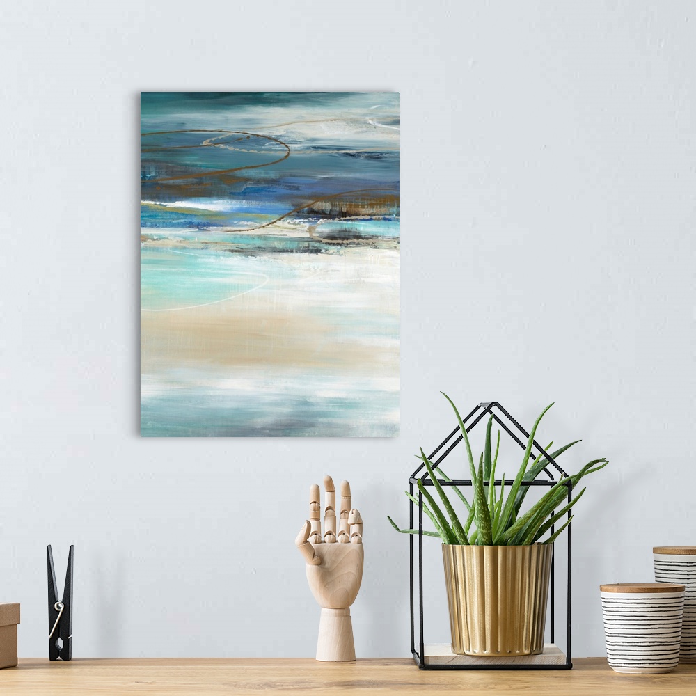 A bohemian room featuring Contemporary abstract painting in shades of blue and brown with layered horizontal brushstrokes o...
