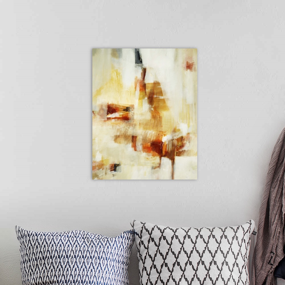 A bohemian room featuring Contemporary abstract painting of dark and pale orange tones against a neutral background.
