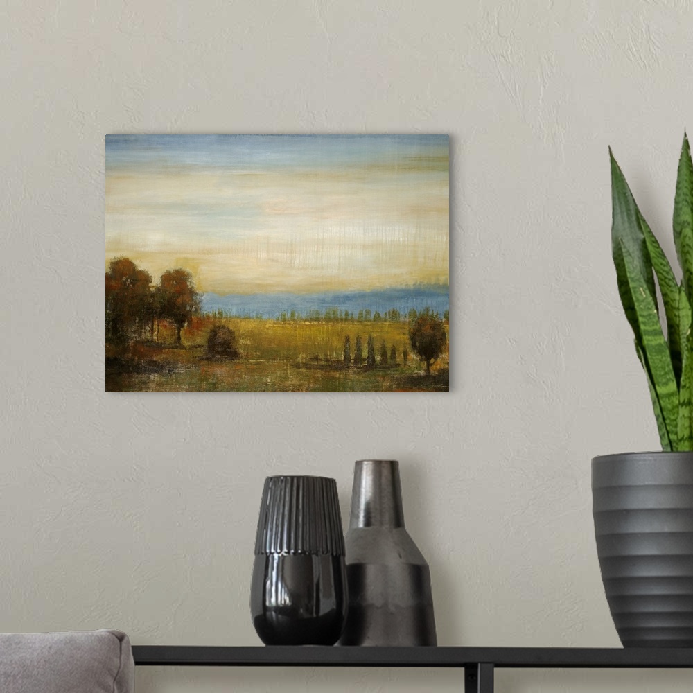A modern room featuring Painting on canvas of a field with a bunch of trees and a rolling hill in the distance.