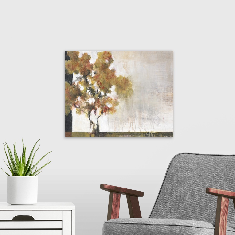 A modern room featuring Contemporary painting of a lone tree using earth tones and weathered textures.